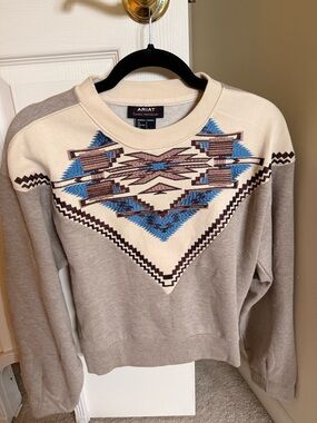 Retired Ariat Crew Sweater with Brown and Blue Aztec Embroidery NWT